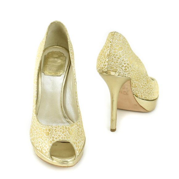 DIOR: Gold, Brocade Peep-Toe Logo Heels/Pumps - Picture 1 of 8